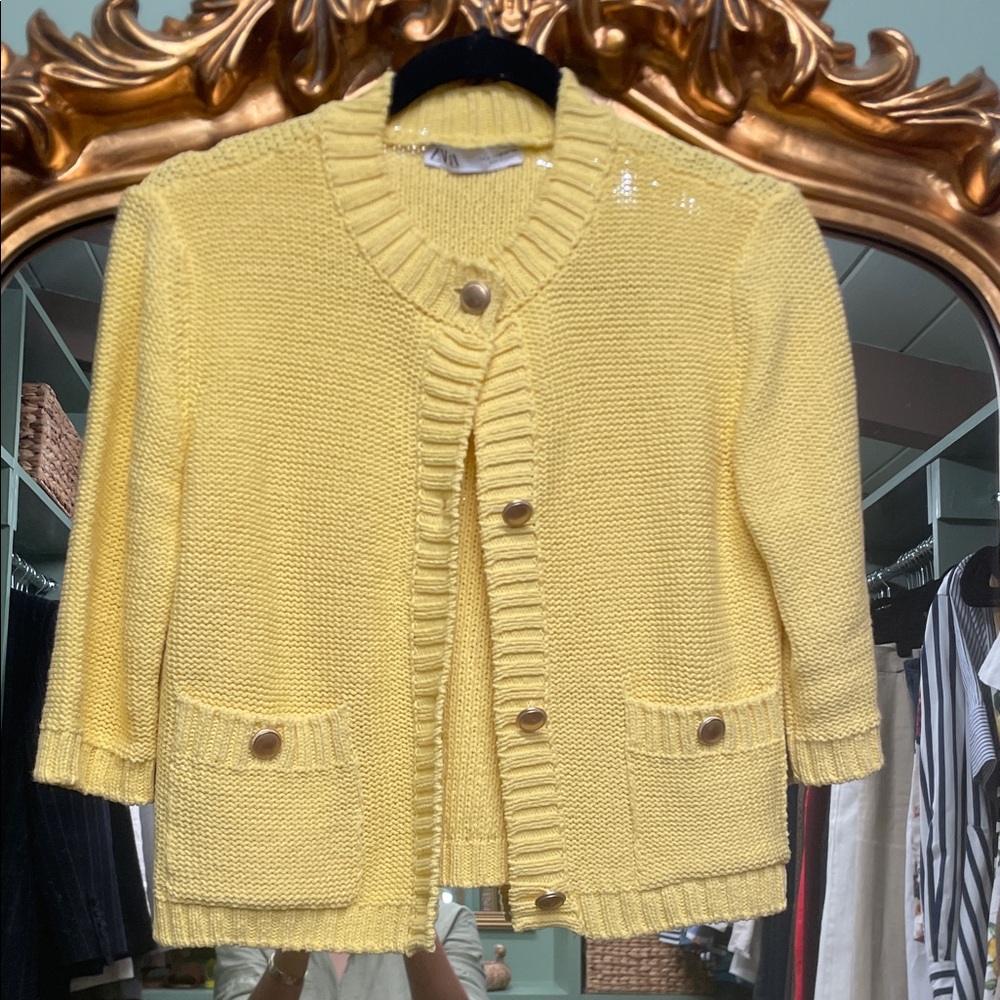 Mango Yellow Knit Button-Front Sweater Jacket